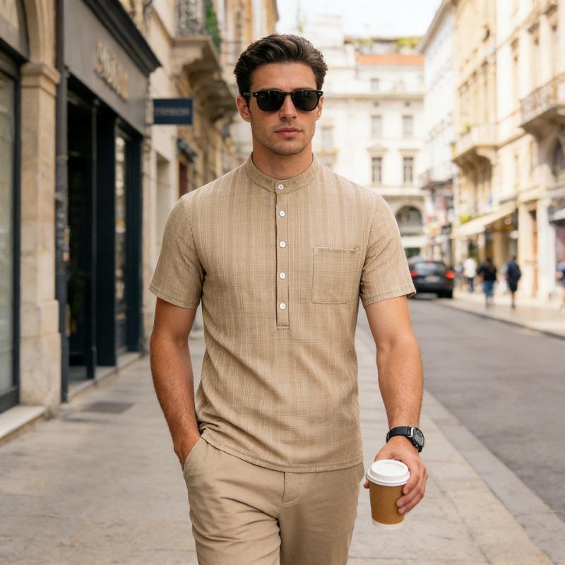 Men Mandarin Collar Half Button Chest Pocket Plaid Textured Short Sleeve Shirt