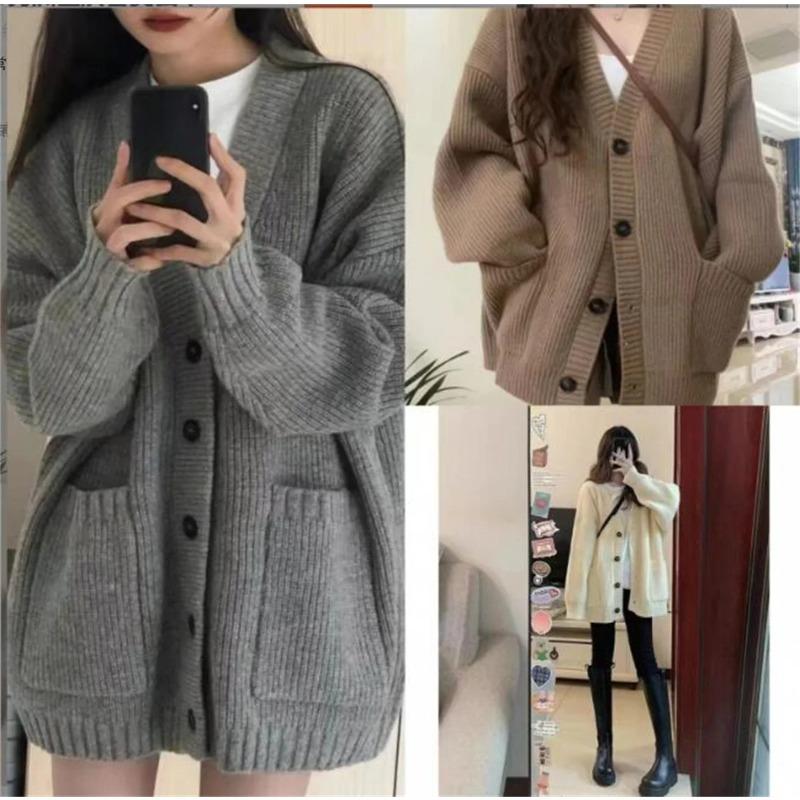 Women's Long Sleeved Cardigan Loose Knitted V-neck Coats Female Fashion Single Breasted Sweater Cardigans Autumn Winter Casual