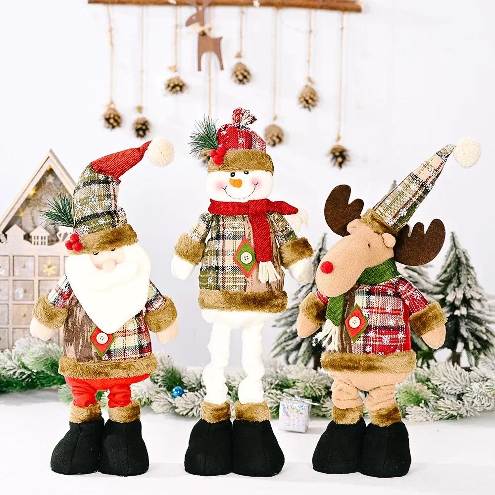 Christmas Ornament Retractable Snowman Reindeer Santa Plaid Standing Home Decor Doll Gift for Kids 2024 New Year Decorations