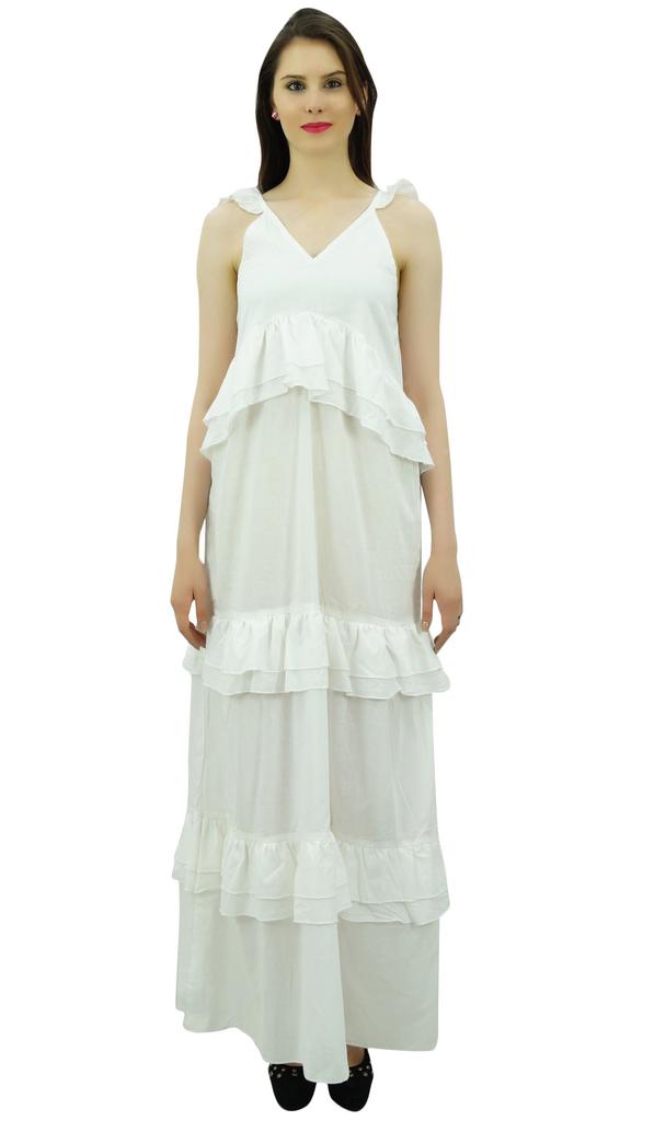 Bimba Sexy Summer Spaghetti Strap Sundress V-Neck Casual Ruffle Long Maxi Beach