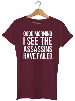 Good Morning I See The Assassins Have Failed Unisex Hipser Mens Kids T Shirt Womens Mens