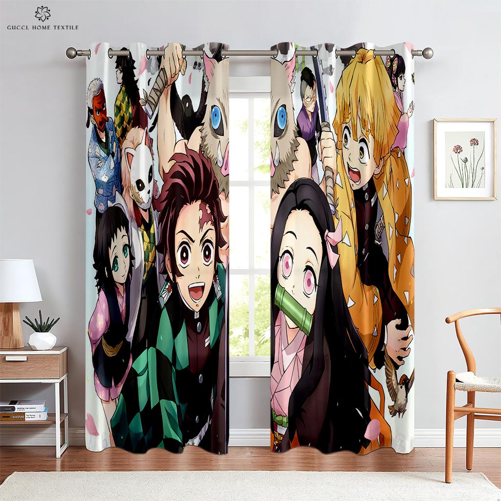 Hot-Blooded Anime Cartoon Printed Curtains, 100% Polyester, Rod Pocket Curtains, Kitchen, Living Room, Children's Room, 2 Pcs