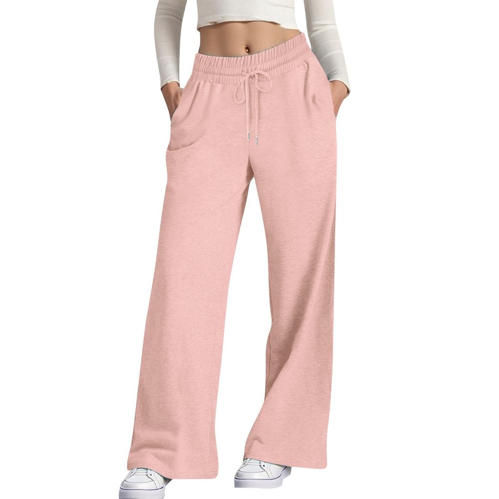 Women's Casual Fashion Solid Color Elastic Waist Drawstring Pockets Wide Leg Straight Pants