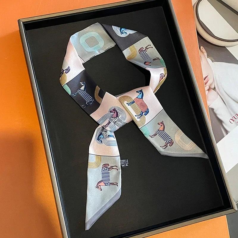 Женский узкий тонкий шарф с принтом лошади, длинный ленточный шарф, ручка для сумки, многофункциональный декоративный шейный платок, резинка для волос