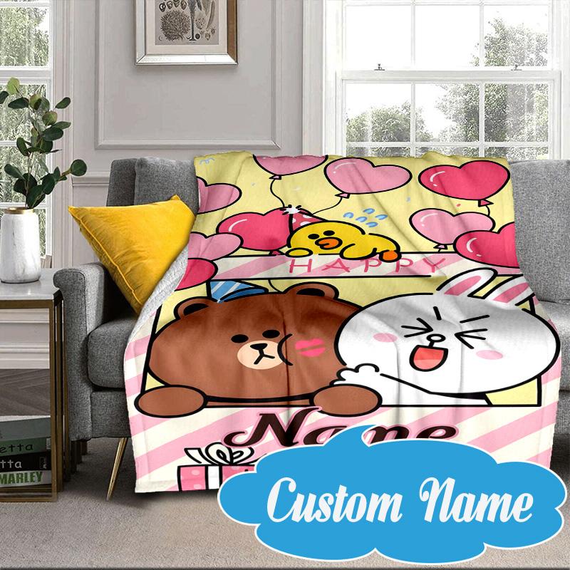 Custom Name Cute Cartoon Brown Bear Blanket bed sofa Blanket Flannel Blanket for Camping, Hiking, Picnic Essentials,gift for Fan family