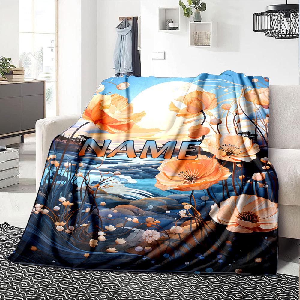 Sunset Flowers By The River Throw Customizable Blanket Customize Text Soft Warm Cozy For Sofa Couch Office Bed Picnics Four Seasons Universal Digital
