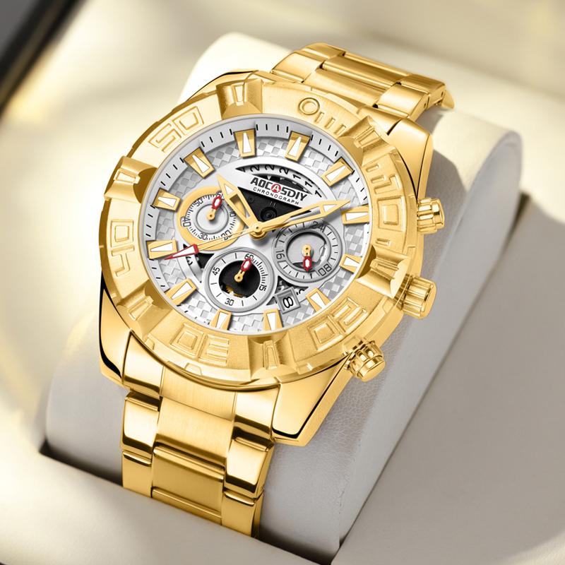 AOCASDIY Self-Owned Brand Fashion Domineer Dial Hollow-Out Design Full Function Men's Steel Belt Quartz Waterproof Watch