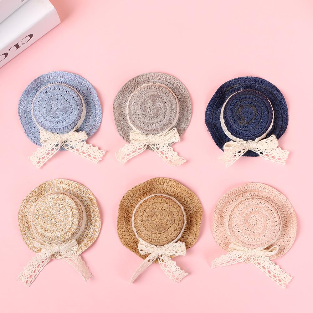 10 Colors Lace Bow Mini Hand Weaved Hats Straw Hat Doll Hat Accessories Doll House Ornament