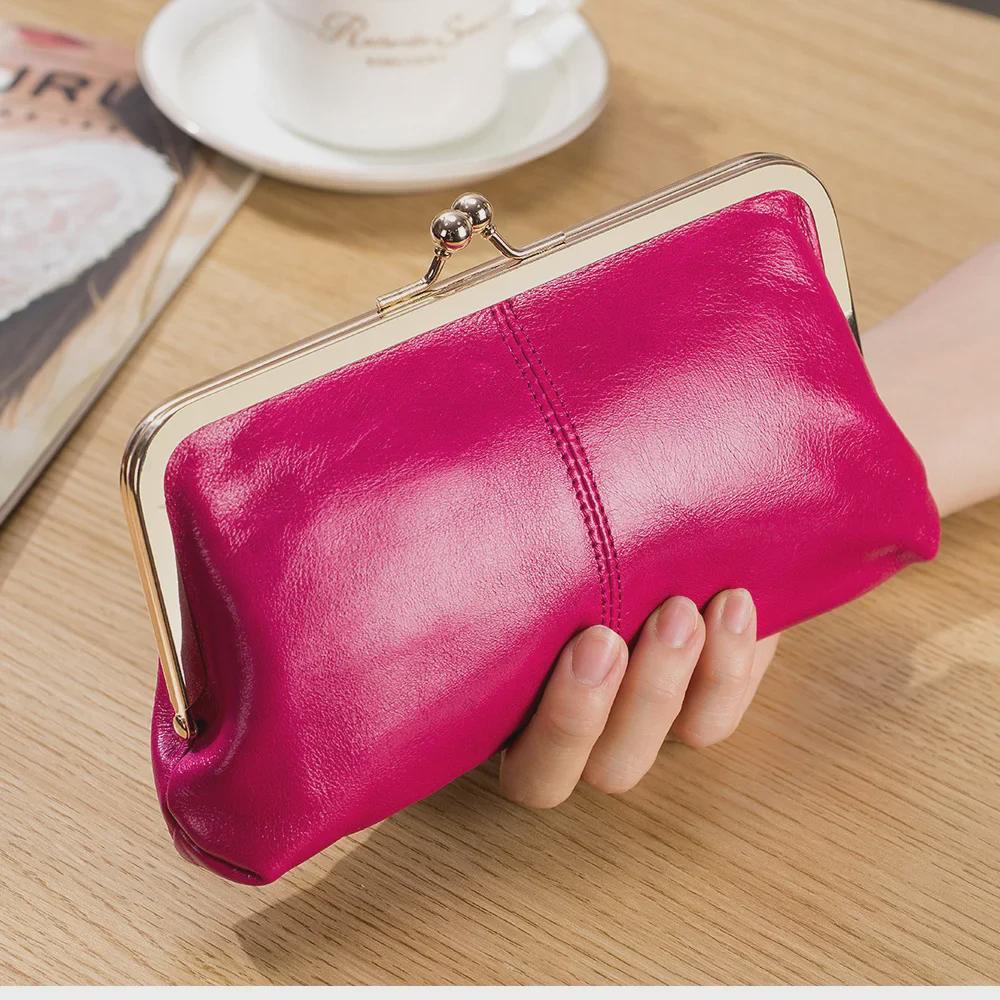 Women's Retro Long Genuine Leather Wallet Handbag - Large Capacity, Waxed Gold Clip Style