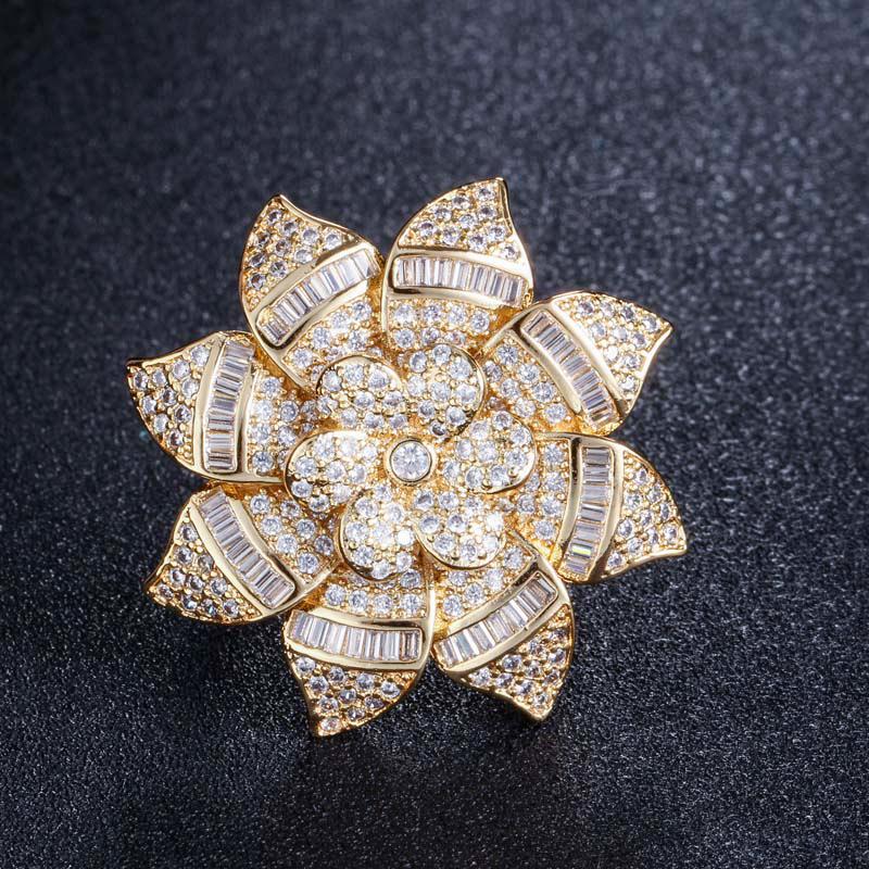 CMM Jewelry Designer Big Flower Yellow Gold Color Luxury Cubic Zirconia Engagement Wedding Rings Jewellery for Women