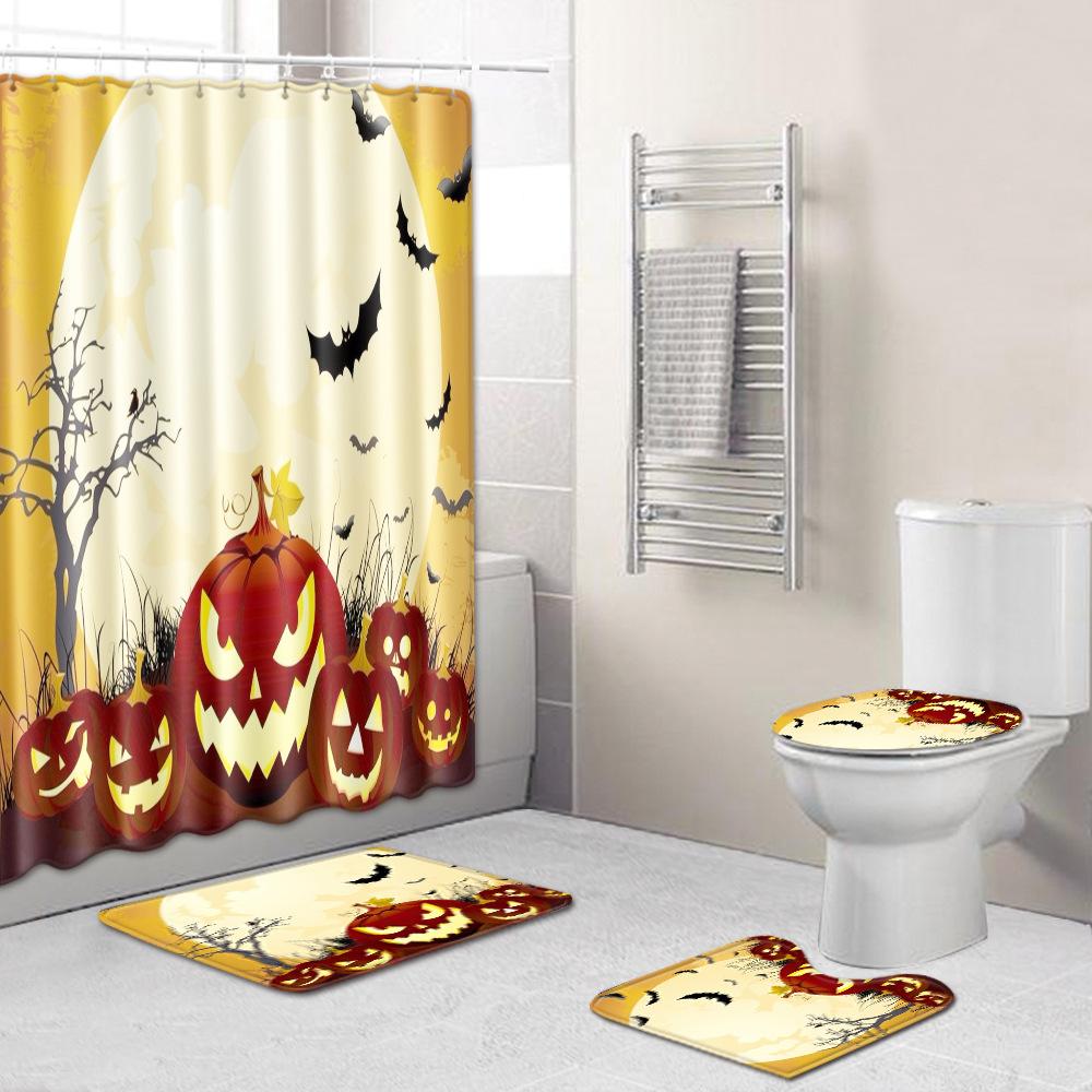 Halloween Shower Curtain Floor Mat Three-Piece Combination Set, Living Room Sand Absorbent Carpet, Bedroom Non-Slip Door Mat