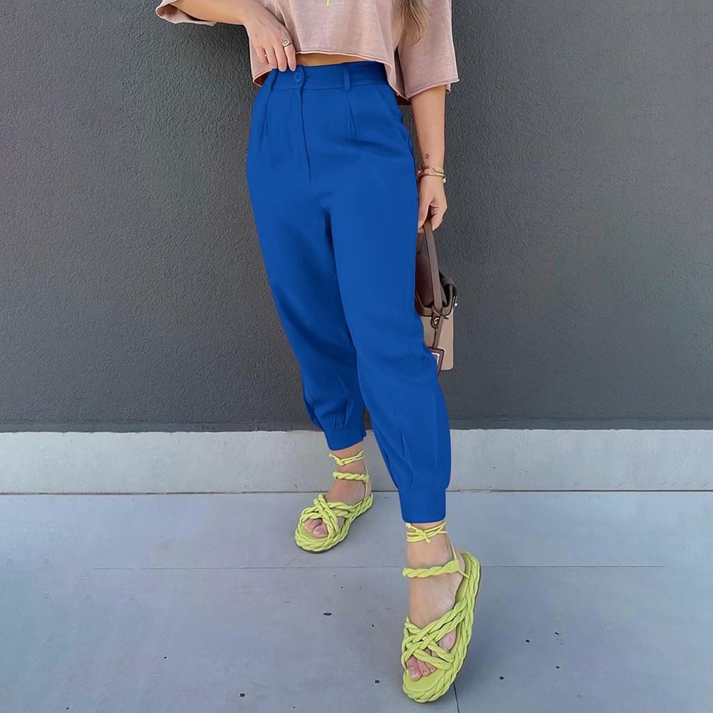 Women's Summer High Waisted Pants Casual Length Work Trouser Slacks With Pockets