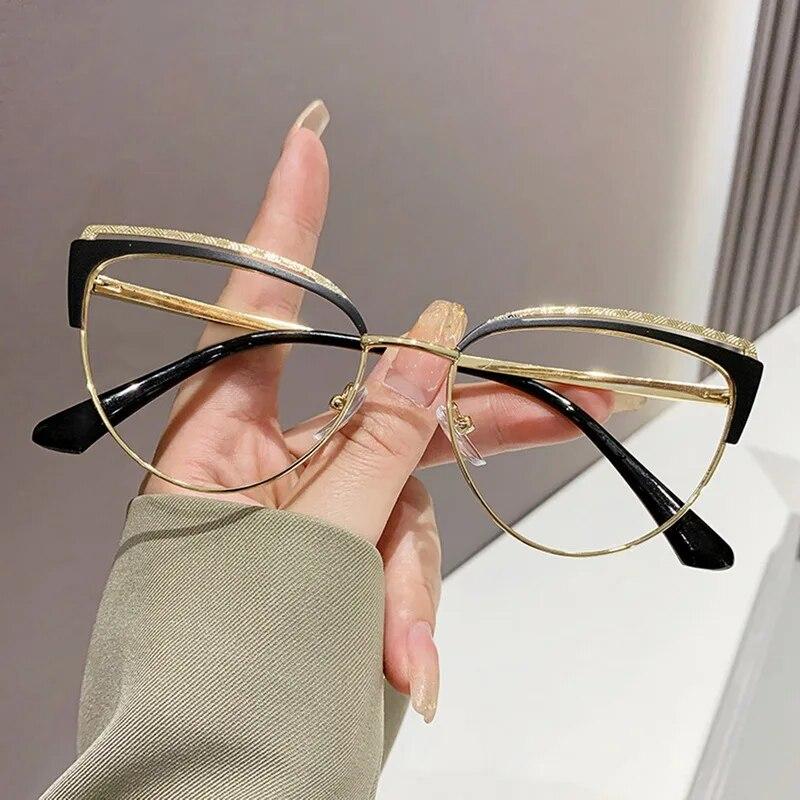 Personalized Luxury Metal Plain Glasses Women Clear Cat Eye Eyewear Anti-Blue Light Optical Spectacles Trendy Computer Glasses
