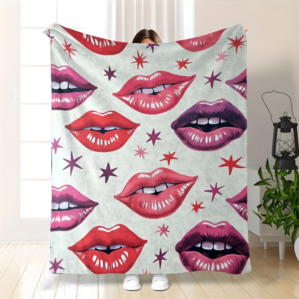 Red lip flower star pattern Flannel printed blanket suitable for all seasons suitable for living room office sofa and travel