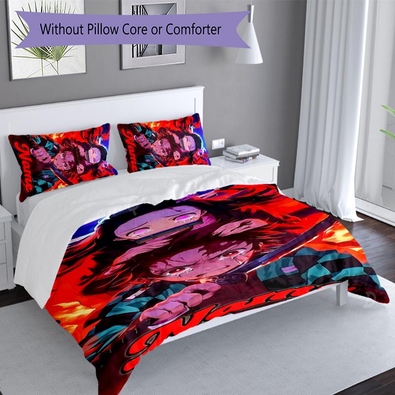 3pcs Custom Name Demon Slayer Tanjiro Kamado Set,Includes 1 Duvet Cover and 2 Pillowcases,All-season Bedroom Decor