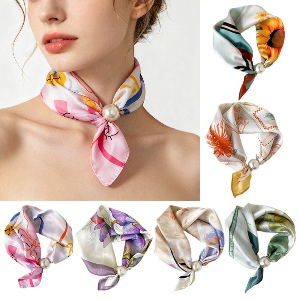 Lightweight Silk Scarf Breathable Printed Neck Scarf Accessory Pearl Buckle Scarf Female