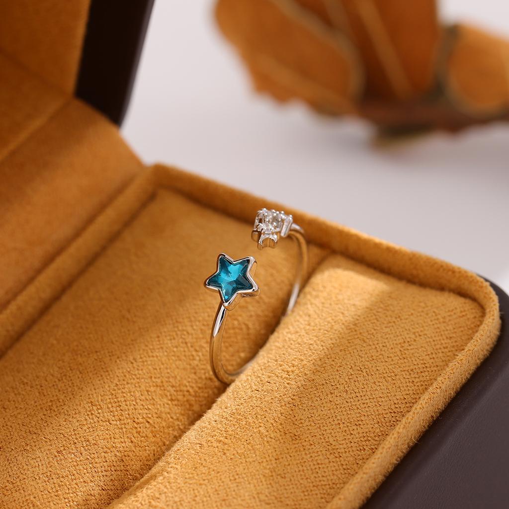 Новое Изысканное Красивое Свежее Синее Звезда 925 Пробы Стерлингового Серебра Ювелирные Изделия Личность Сладкое Простое Хрусталь Открывающиеся Кольца R129