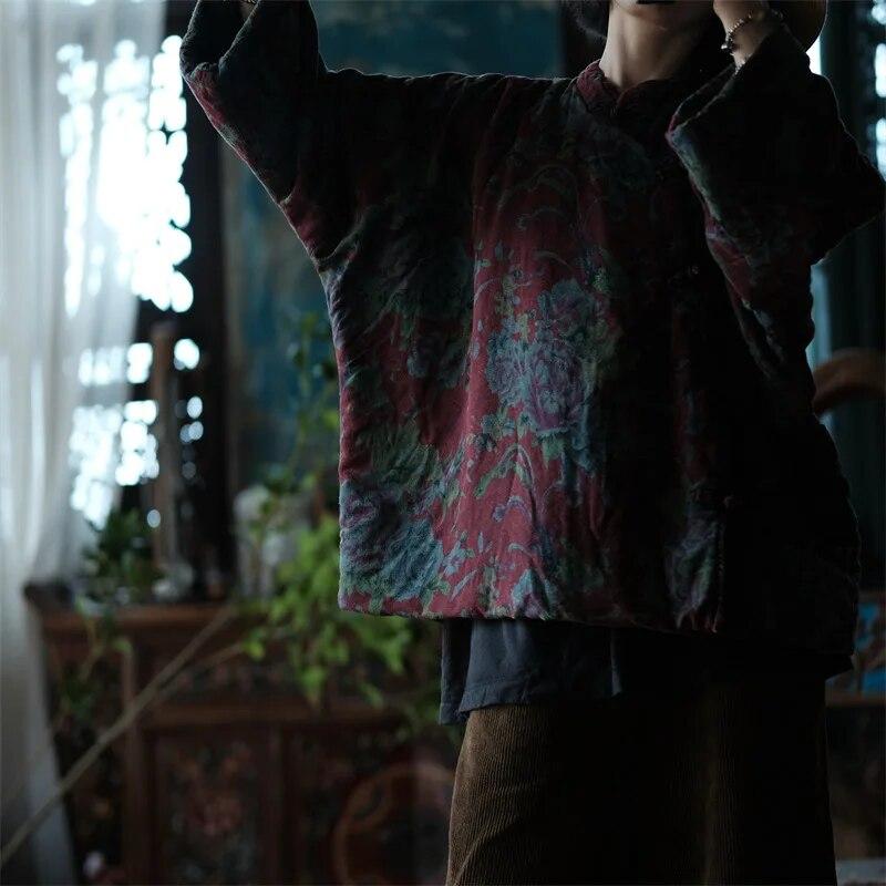 Johnature Women Vintage Cotton Linen Parkas Stand Long Sleeve Button Warm Plus Cotton Coats Winter Chinese Style Parkas