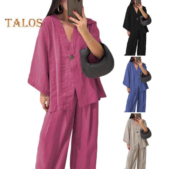 Женский свободный комплект из двух частей, рубашки с длинным рукавом и V-образным вырезом на одной пуговице, брюки с высокой талией, повседневный комплект для отдыха