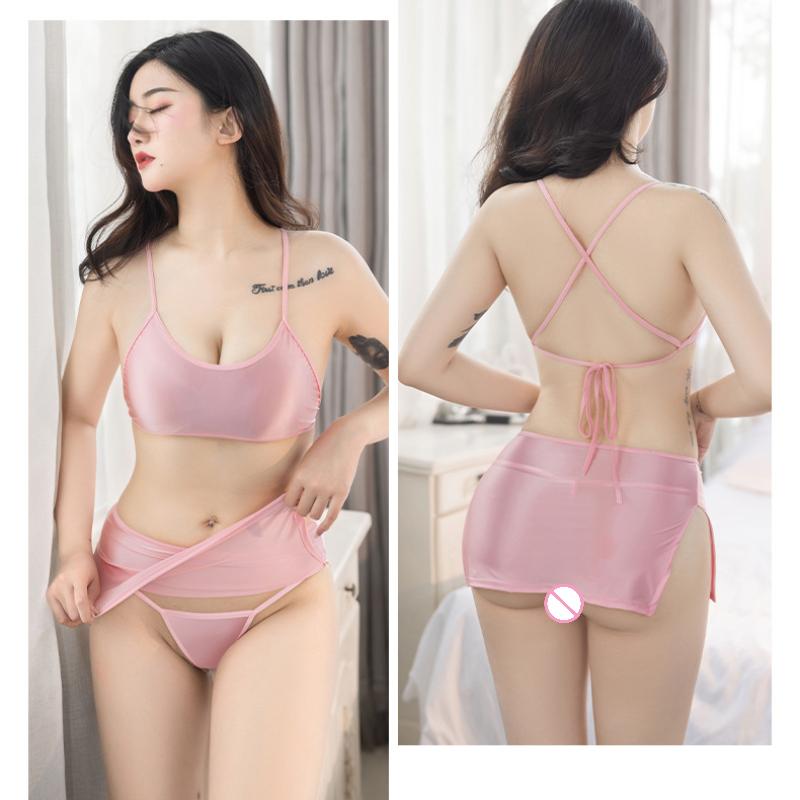 Комплект нижнего белья Женский Сексуальный Блестящий Глянцевый Топ Мини-юбка с высоким разрезом Костюм Прозрачное нижнее белье Фантазийная Эротическая одежда для ночного клуба