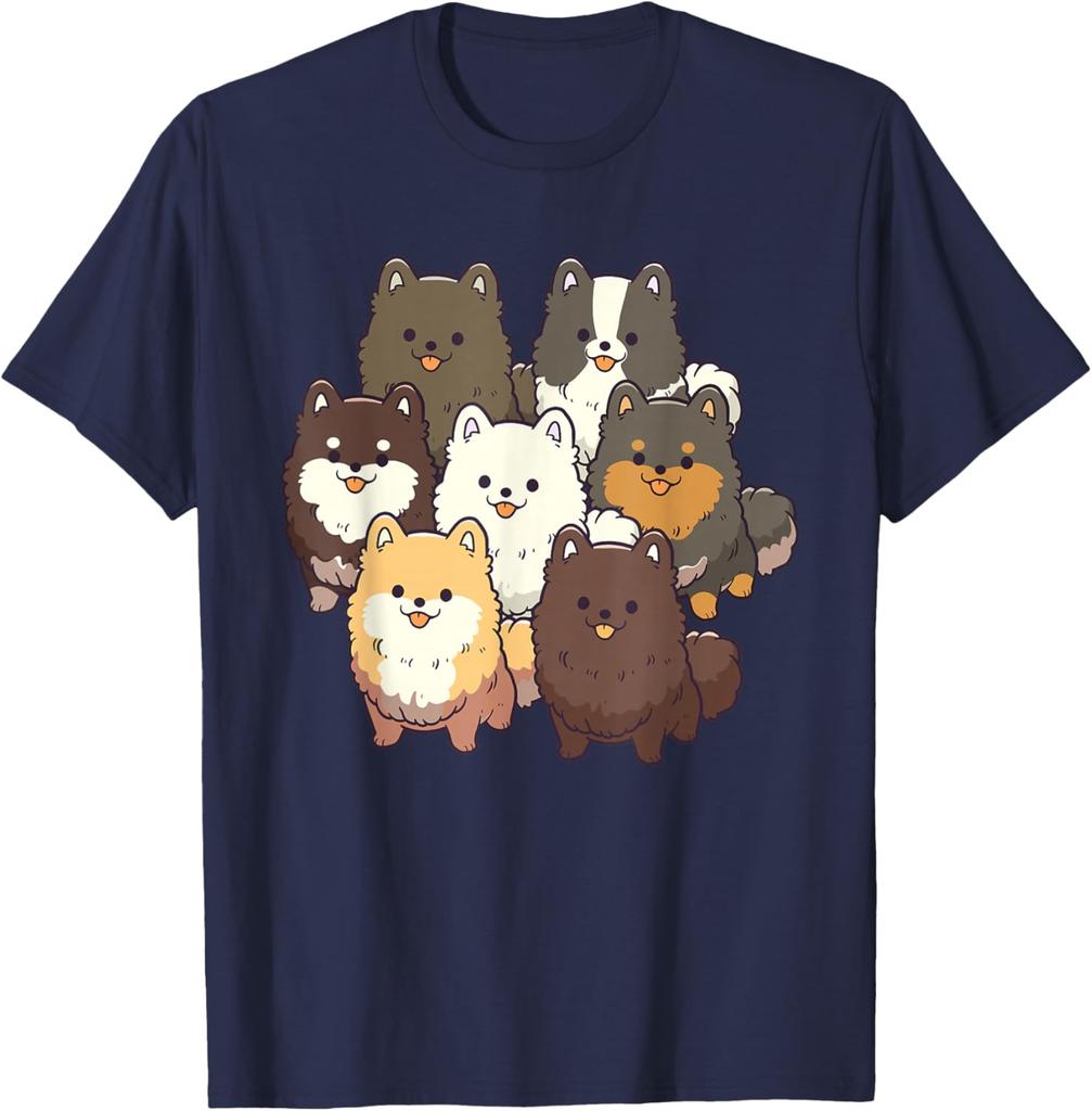 Cute Pomeranian Dog Group Cartoon Print Casual Cotton T-Shirt for Men Trip
