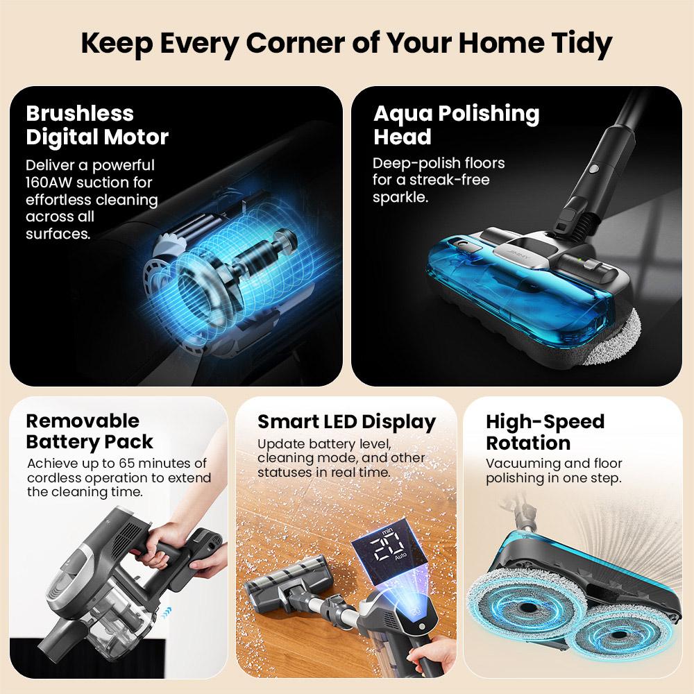 Беспроводной пылесос JIMMY JV9 Pro Aqua - Мощность всасывания 160 Вт, Время работы 45 мин, HEPA-фильтр, Влажная уборка, 4 режима, Светодиодный дисплей