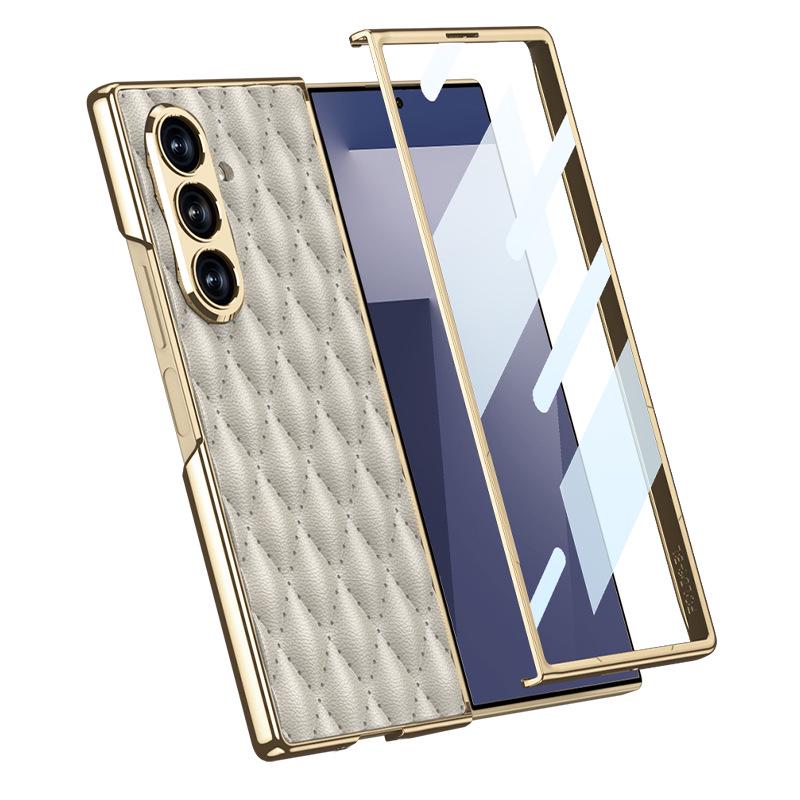 Роскошный кожаный чехол Samsung ZFold7 с ромбовидной текстурой и встроенной защитной пленкой для экрана