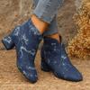Fashion 2024 New Autumn Winter Women Ankle Boots Denim Upper Square Toe Modern Boots Back Zip Plaid Patchwork Western Boots