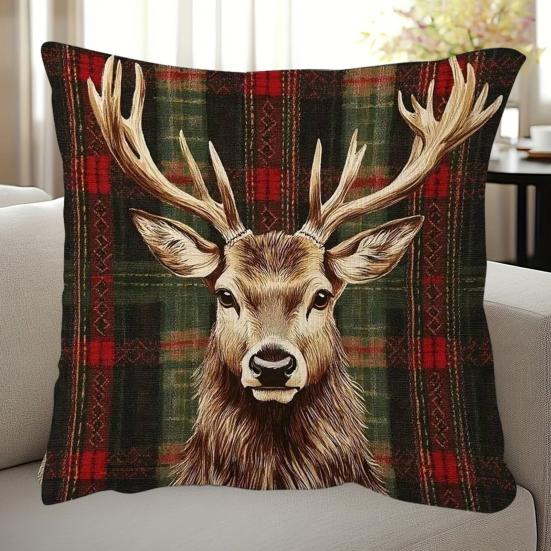 Christmas Elk Pillow Cover Red Green Plaid Elk Head Throw Pillow Cover 18 Inch X 18 Inch Winter Festive Pillowcase for Home Couch Sofa Bed Decoration