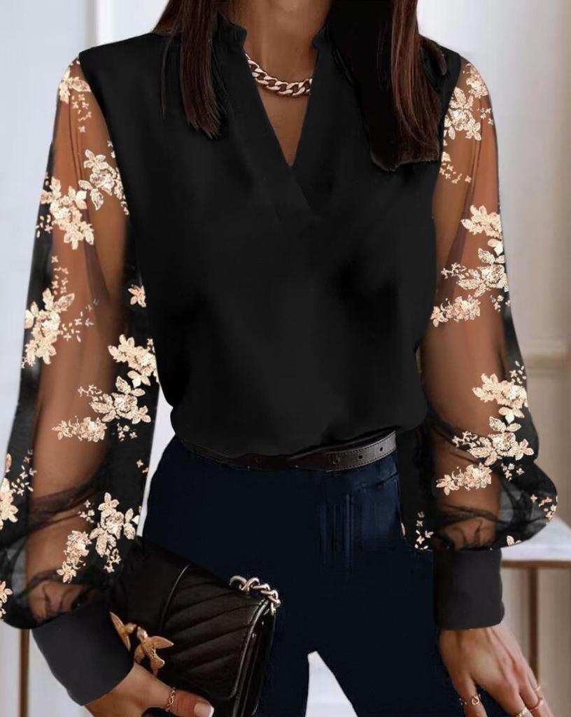 Осенне-зимняя блузка с V-образным вырезом и длинными рукавами из кружева для женщин