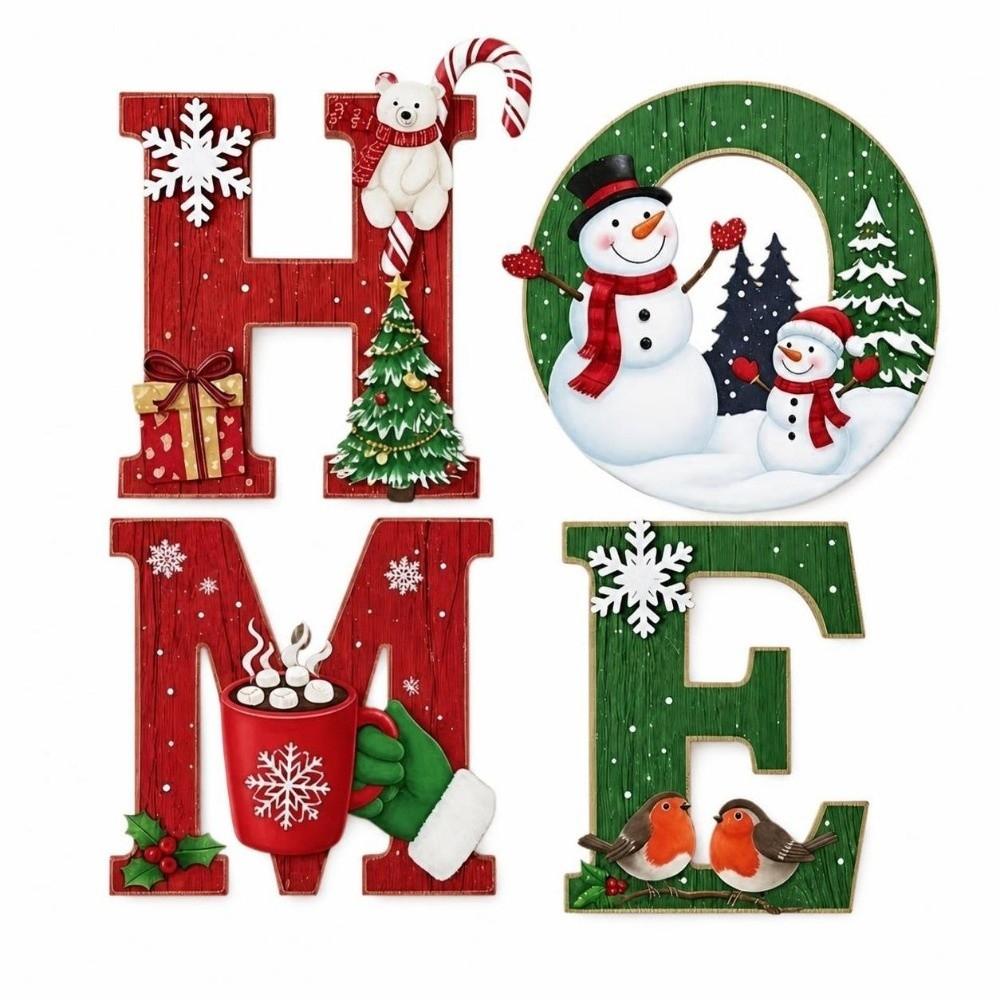 4 pcs Self Adhesive Home Letter Decor Wooden Wall Decor Cartoon Christmas Wall Decoration Porch