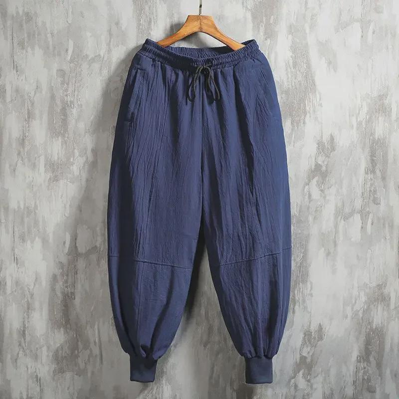 Men's Spring/Summer Cotton Linen Wide-Leg Harem Pants with Loose Cuffs and Trendy Tight-Fit Lantern Design