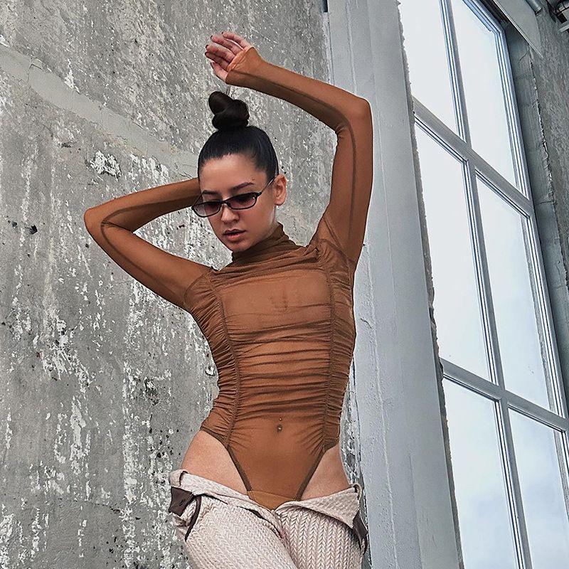 Женский прозрачный боди с длинным рукавом из сетки - Шикарный облегающий топ с высокой талией