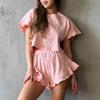 2 Pcs/Set Women Heart Print Ruffle Short Sleeve Edge Round Neck Pajama Set T-shirt Elastic Waist