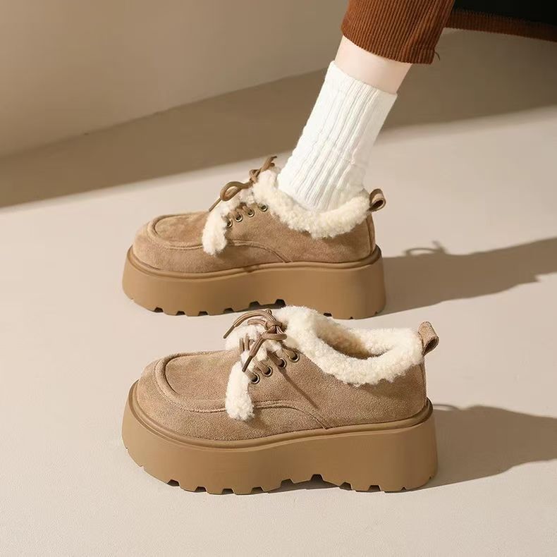 Осень и зима новая флисовая утолщенная шнуровка Birkenstocks хлопковые туфли модные на небольшой толстой подошве увеличивающие рост снежные ботинки