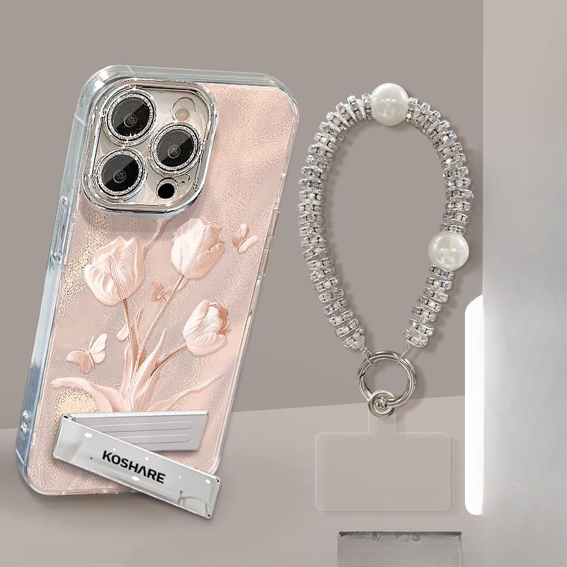 Красивый розовый браслет-тюльпан, подходящий для чехла для телефона Apple iPhone 16, 15, нишевый, с ощущением высокого класса, 14, подставка, 13, женский