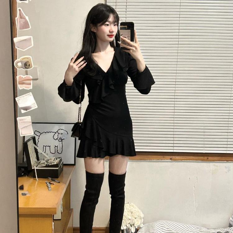 Весеннее французское элегантное черное мини-платье Y2k, короткое вечернее платье с длинными рукавами, офисное женское тонкое однотонное платье, женское шикарное платье