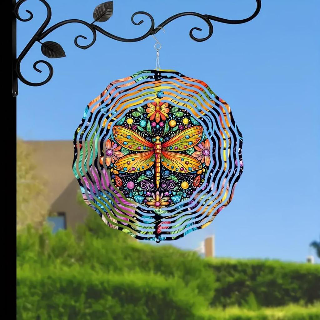 Красочный ветряк «Стрекоза» – 10-дюймовое 3D металлическое искусство лазерной резки, крючок с вращением на 360° для плавного движения – ручная работа, кинетический декор для улицы/дома