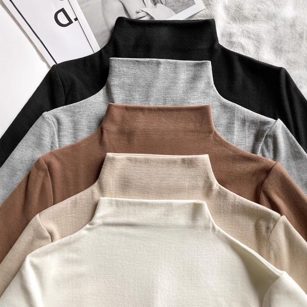 Solid Color Half Turtleneck Bottoming Shirt for Women In Autumn and Winter New Style Inner Warm Velvet Long-sleeved T-shirt Cationic Top