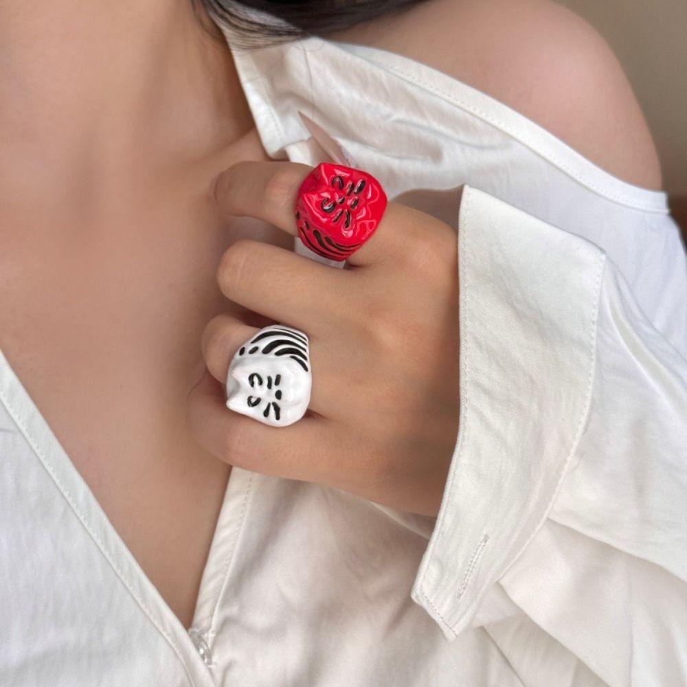 Korean Style Painting Ring Geometric Chunky Enamel Ring Fashion Design Drip Oil Cat Ring Gift