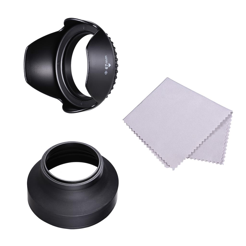 67mm Lens Hood Set with Tulip Flower Lens Hood + Collapsible Rubber Lens Hood + Lens Cleaning Cloth