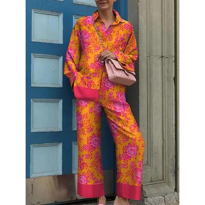 Весенний новый свободный ретро-принт пижамный комплект женская пижама пижама 2 предмета с длинным рукавом пижама больших размеров спортивная одежда