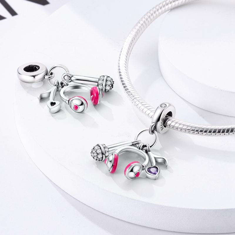 925 Silver Color Zirconium Heart Shape Charms Beads Feather Perfume Bottle Music Dangle Fit Bracelet Necklace Jewelry