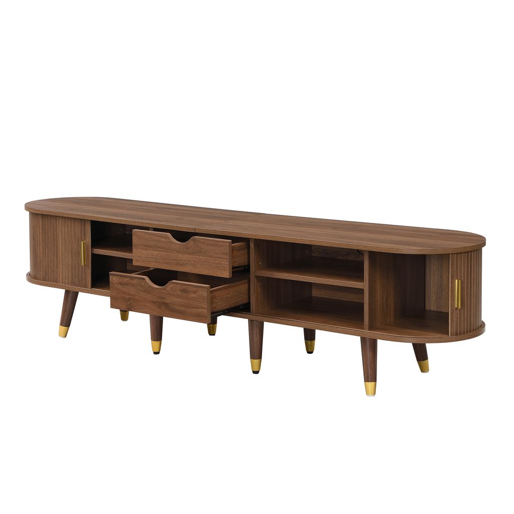 TV Cabinet 175 cm with Rattan Sliding Door, Walnut Look & Lots of Storage Space - Country Style Table with Open Compartments, Drawers - Natural Design
