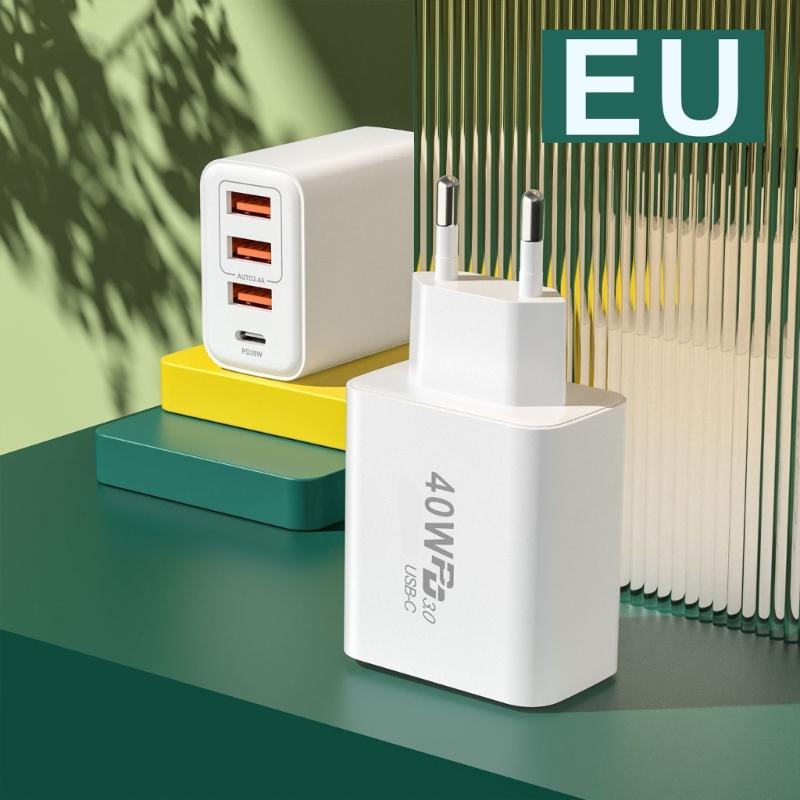 Быстрое зарядное устройство на 4 устройства: 3 порта USB-A, 1 порт USB-C, выходная мощность 40 Вт для телефонов, планшетов, ноутбуков