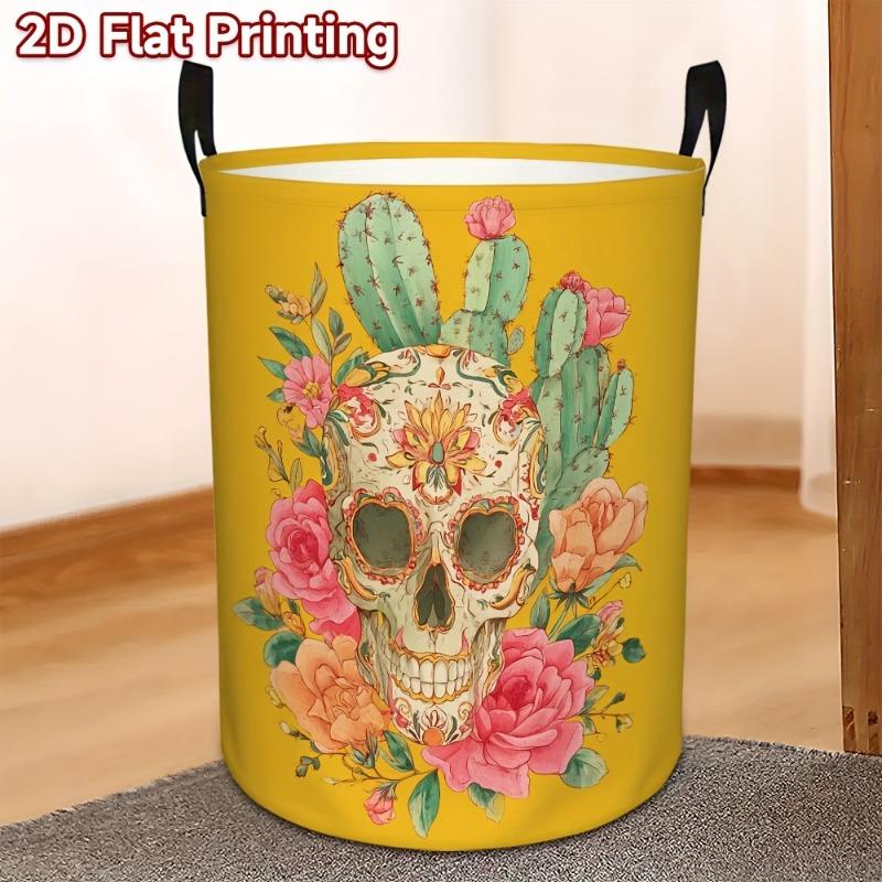 1pc Cactus Floral Laundry Basket with Skull Design - Round Hanging Hamper Suitable for, Bathroom, Room Storage, Polyester Fabric with Sturdy Frame for