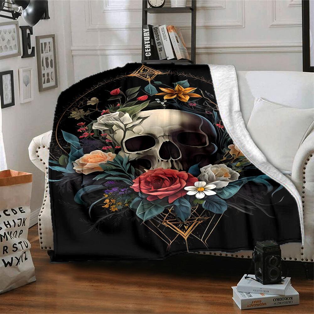 1pc Skull Flowers Blanket, Lightweight Flannel Fleece with Digital Printing, Soft Warm for Sofa, Travel, Camping, Office, Couch, Chair, and Bed, All-S
