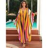 Women's Boho Style Cover Up, Plus Size Contrast Color Striped Print V Neck Woven Design Loose Fit Beach Kaftan Dress