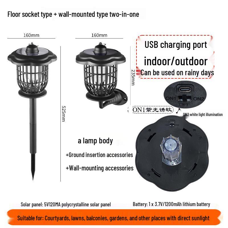 Водонепроницаемая перезаряжаемая солнечная лампа-уничтожитель насекомых и комаров для использования на открытом воздухе