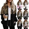 Women's Leopard Print Patchwork Zipper Pocket Top Plush Sweater Jacket